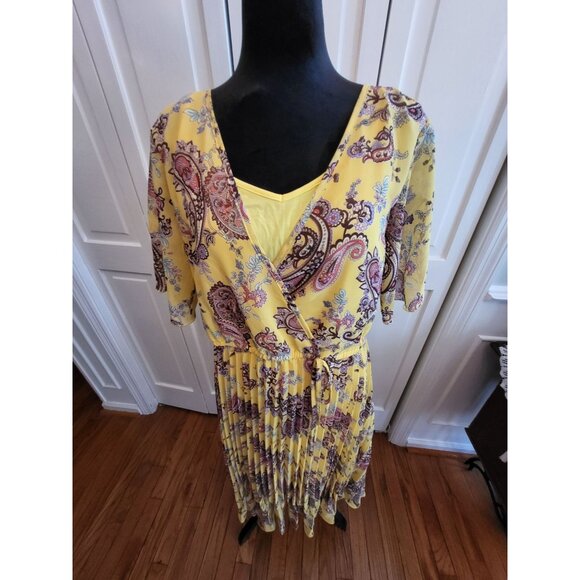 Yellow Paisley Faux Wrap Dress and Slip Pleated Sheer XL Boho Cottage TradWife - Picture 1 of 9